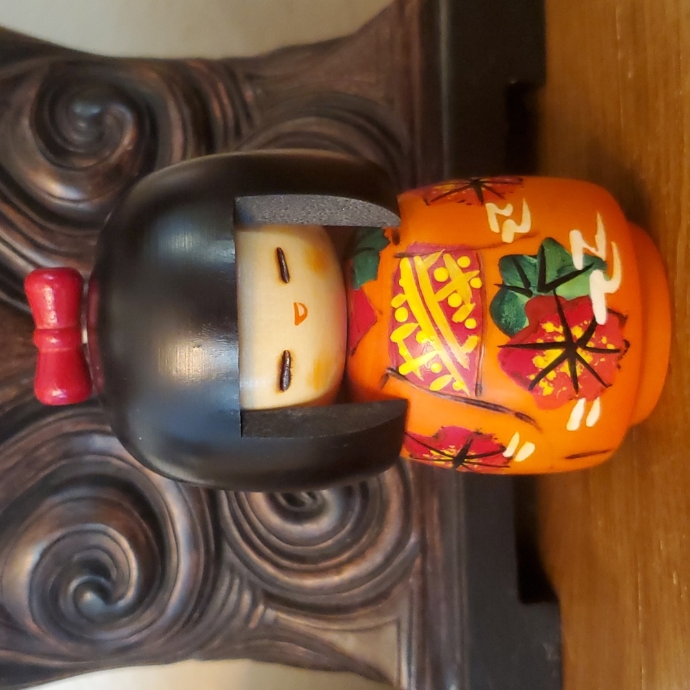 Vintage Authentic Handmade Signed Kokeshi Japanese Wood Doll with Red Bow.